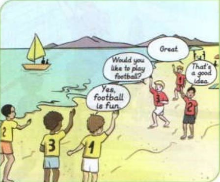 Picture 2: Would you like to play football? Yes, football is fun. Great! That's a good idea.